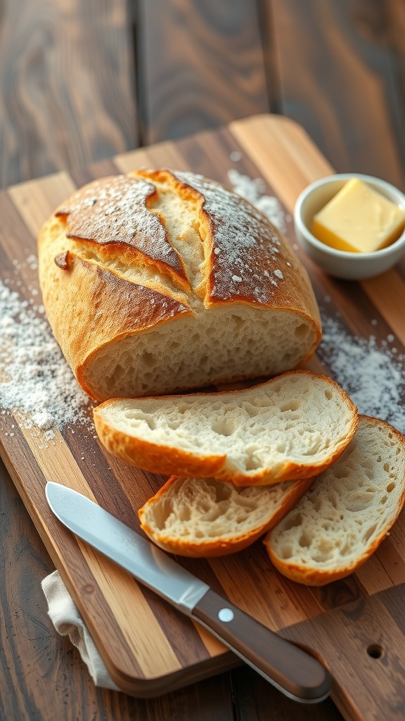 Homemade artisan bread loaf with slices cut open on a wooden board with butter.
